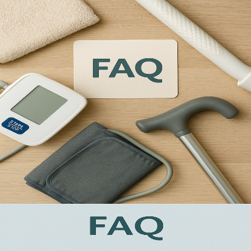 Blood pressure monitor, walking cane, and 'FAQ' card on a wooden surface